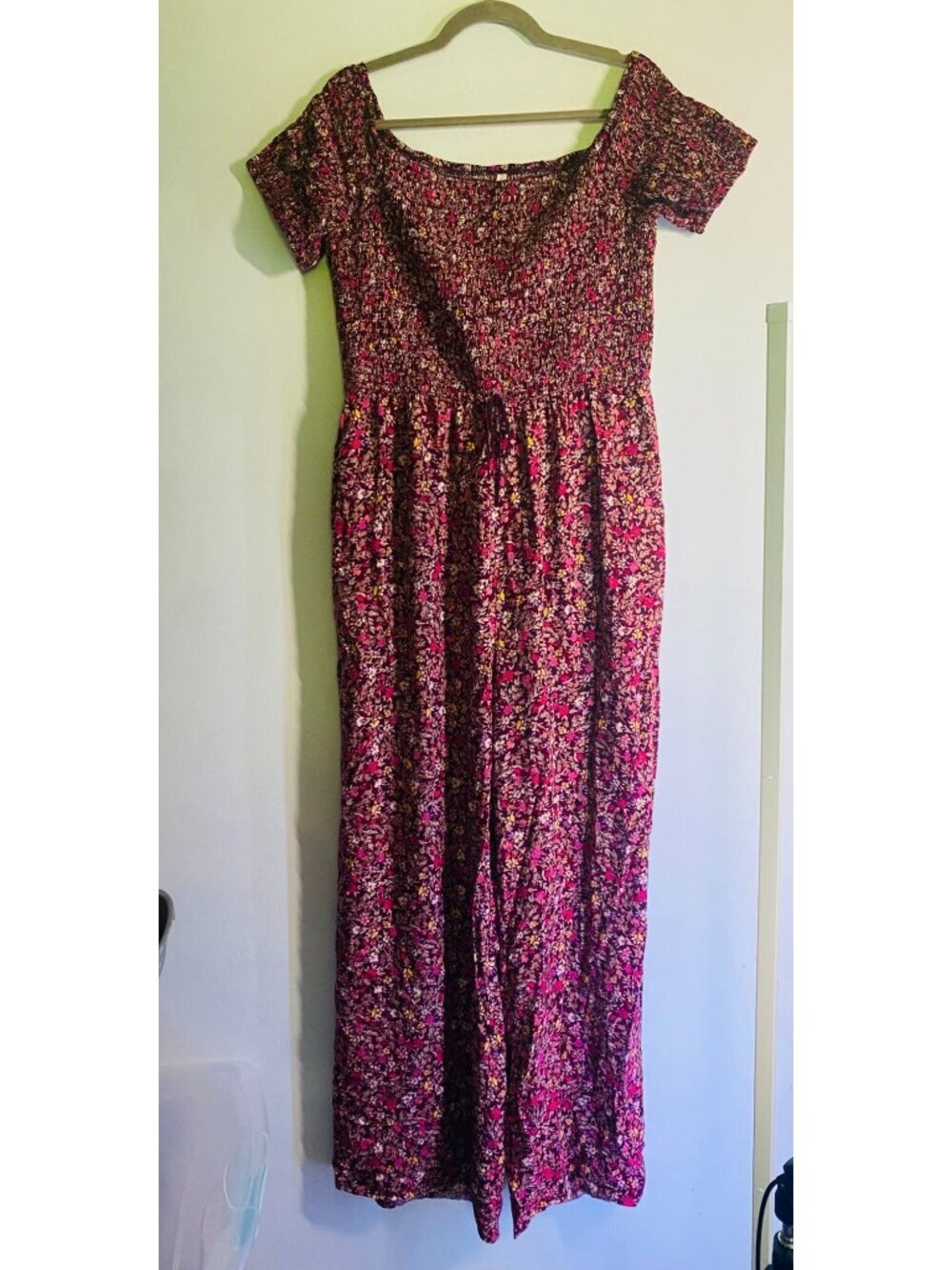Floral Off-Shoulder Maxi Romper By Xhilaration Shirred Bodice Short Sleeves